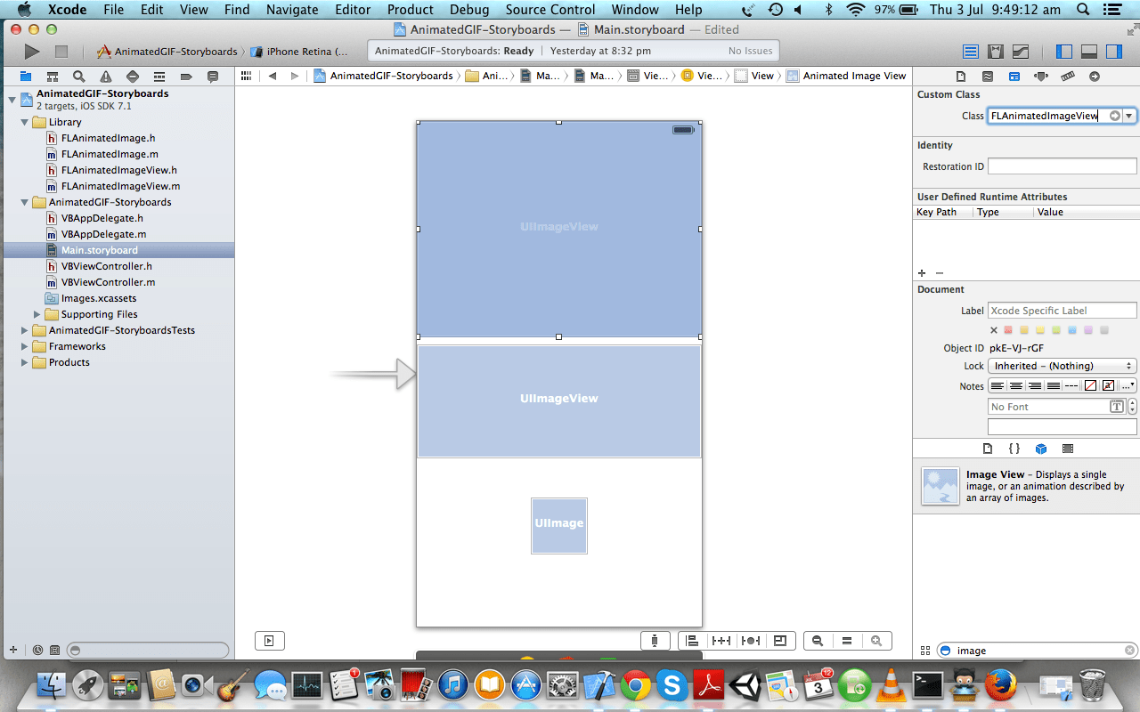 Change the class of each of the image views to FLAnimatedImageView in the Identity Inspector in Xcode