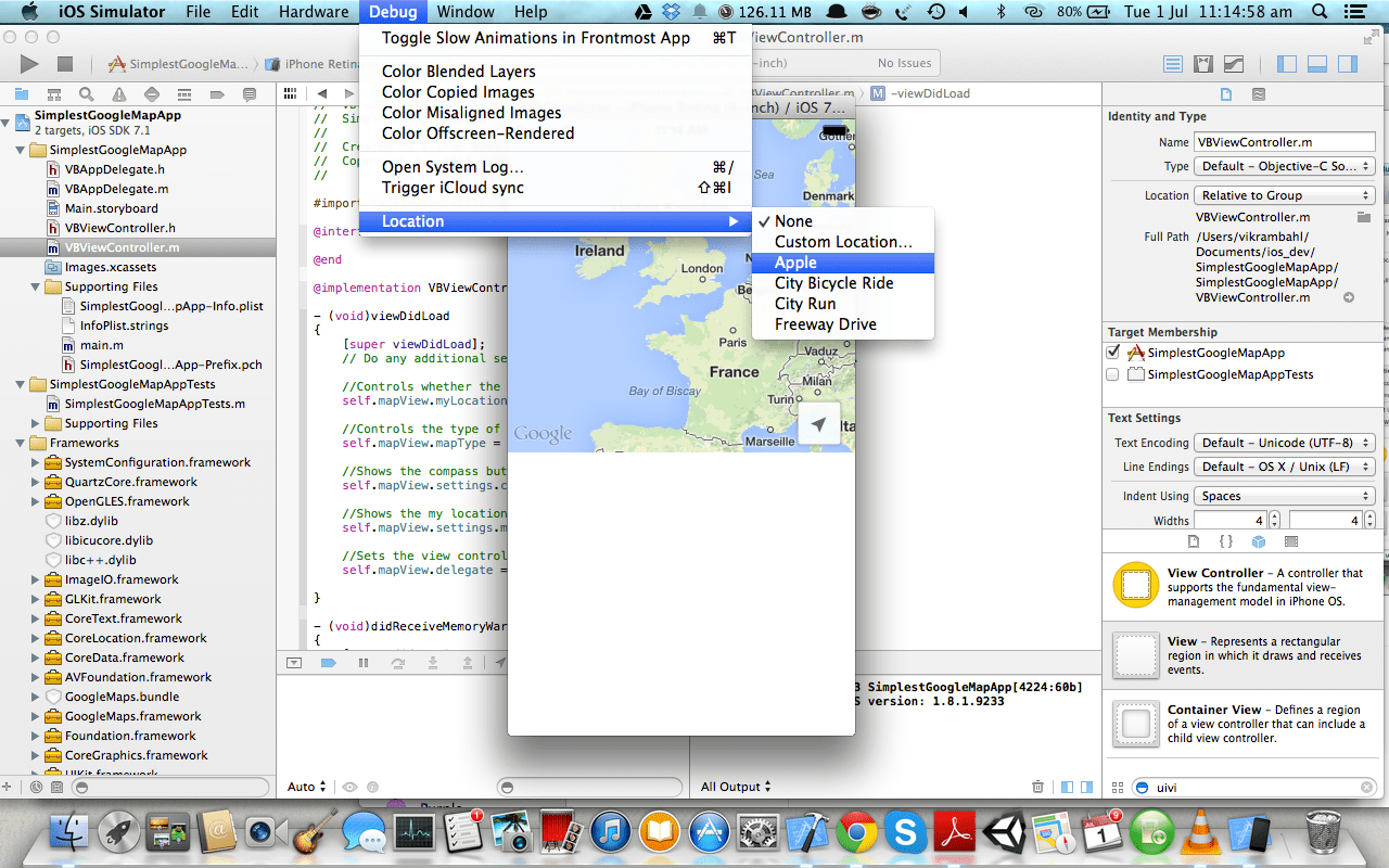 iOS Simulator choose location from Debug -> Location